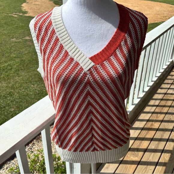 Striped V-Neck Sweater Vest - Red and White - Picture 1 of 5
